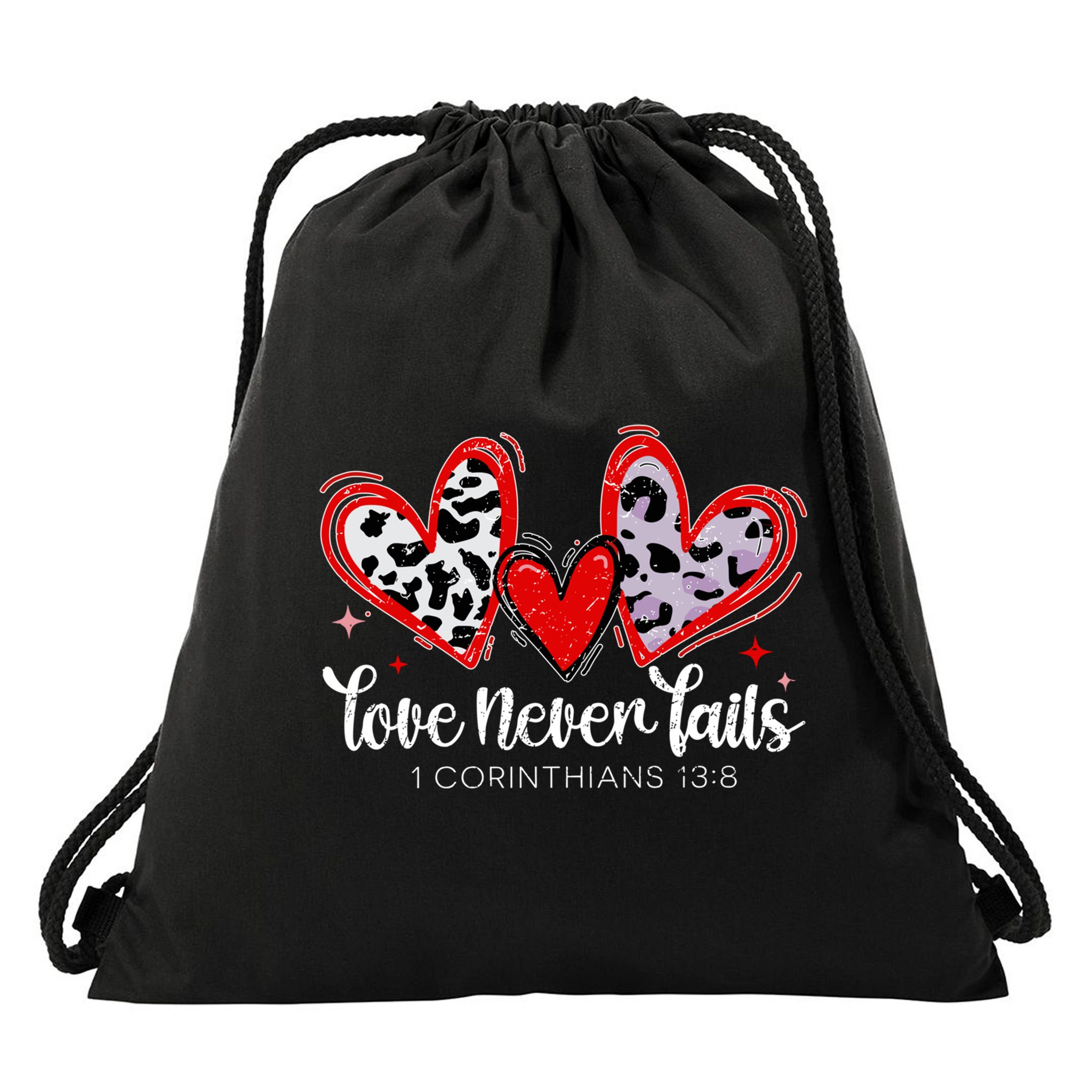 Leopard Heart Love Never Fails Christian ValentineS Day Gift Drawstring Bag