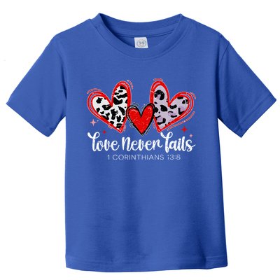 Leopard Heart Love Never Fails Christian ValentineS Day Gift Toddler T-Shirt