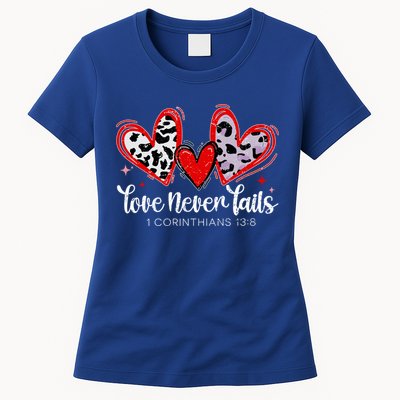 Leopard Heart Love Never Fails Christian ValentineS Day Gift Womens T-Shirt