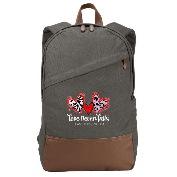 Leopard Heart Love Never Fails Christian ValentineS Day Gift Cotton Canvas Backpack