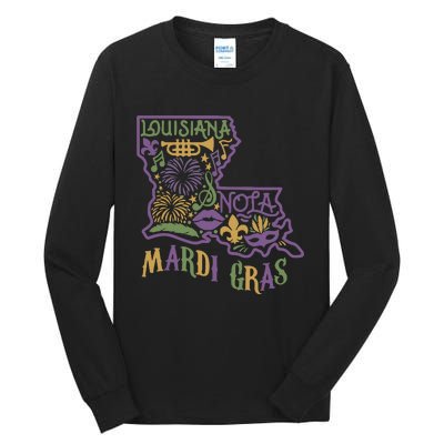 Louisiana Home Mardi Gras Louisiana Mardi Gras Carnival Louisiana Map Tall Long Sleeve T-Shirt