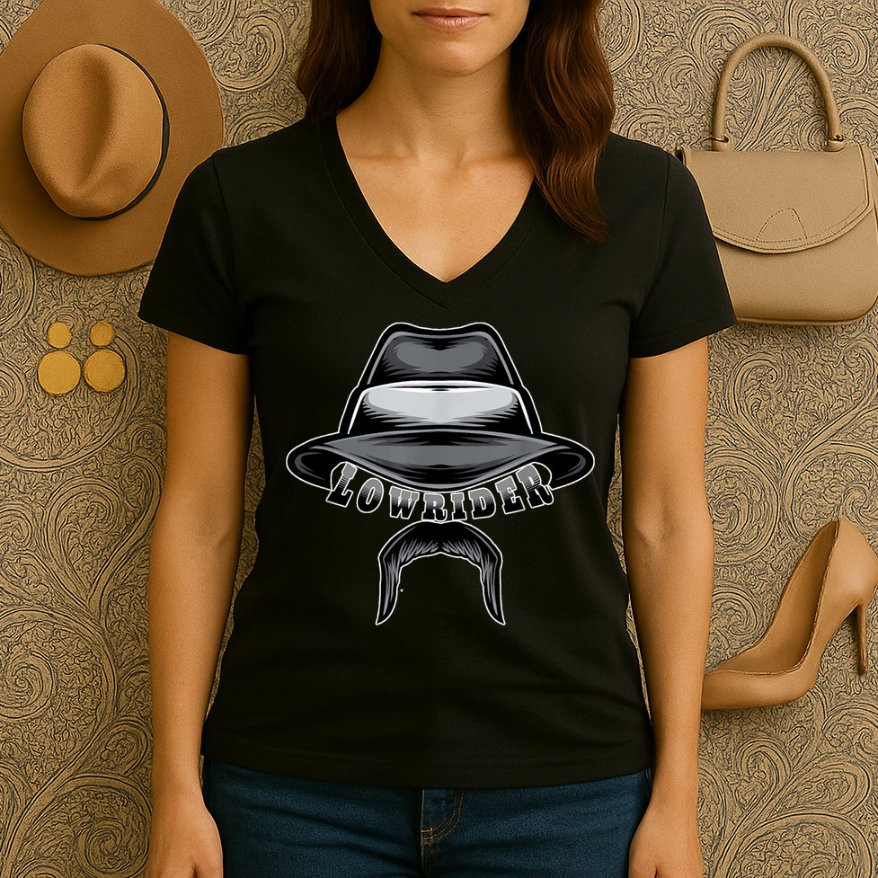 Lowrider Hat & Moustache, Chicano Cholo, Latino Low Rider Women's V-Neck T-Shirt