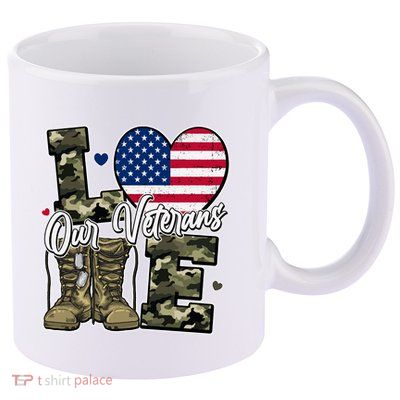 Love Heart Our Veterans Support Veterans 11oz C Handle Ceramic Mug