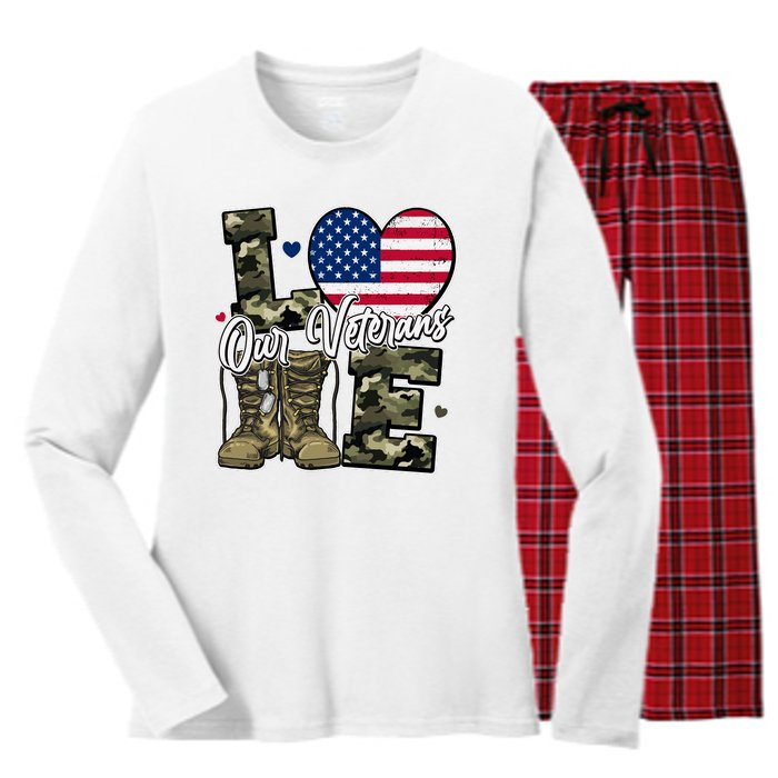 Love Heart Our Veterans Support Veterans Women's Long Sleeve Flannel Pajama Set 