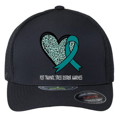 Leopard Heart Post Traumatic Stress Disorder Awareness Teal Cute Gift Flexfit Unipanel Trucker Cap