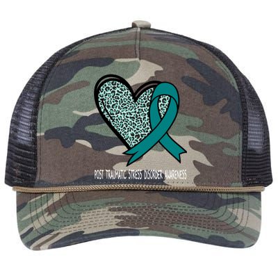 Leopard Heart Post Traumatic Stress Disorder Awareness Teal Cute Gift Retro Rope Trucker Hat Cap