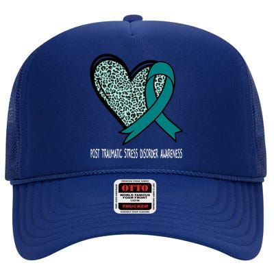 Leopard Heart Post Traumatic Stress Disorder Awareness Teal Cute Gift High Crown Mesh Back Trucker Hat