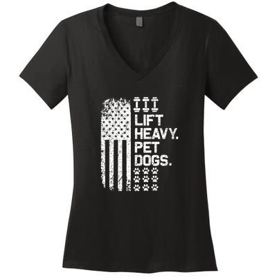 Lift Heavy Pet Dogs USA American Flag And Bodybuilding Women's V-Neck T-Shirt