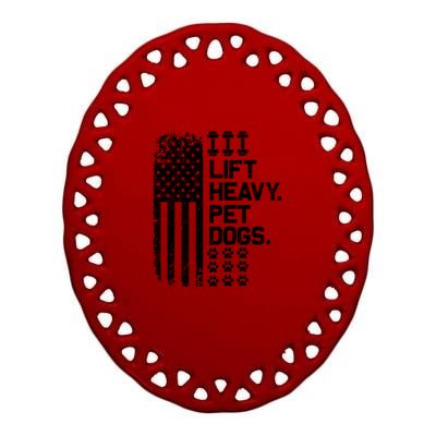 Lift Heavy Pet Dogs USA American Flag And Bodybuilding Ceramic Oval Ornament