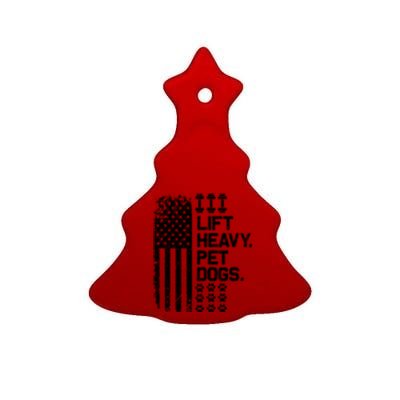 Lift Heavy Pet Dogs USA American Flag And Bodybuilding Ceramic Tree Ornament