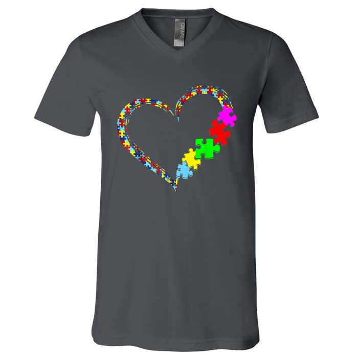 Love Heart Puzzle Piece Gift Women Gift Autism Awareness V-Neck T-Shirt