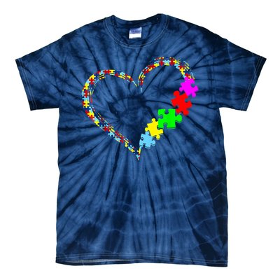 Love Heart Puzzle Piece Gift Women Gift Autism Awareness Tie-Dye T-Shirt