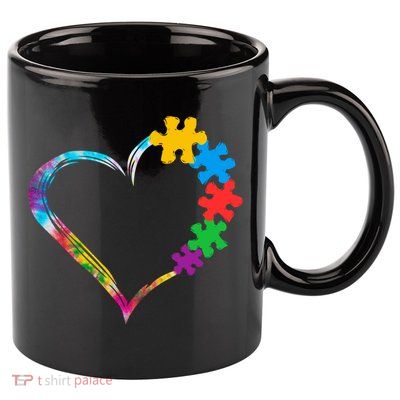 Love Heart Puzzle Pieces Tie Dye Autism Awareness Mom Dad Funny Gift 11oz C Handle Ceramic Mug