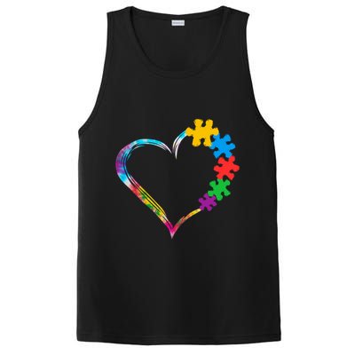 Love Heart Puzzle Pieces Tie Dye Autism Awareness Mom Dad Funny Gift PosiCharge Competitor Tank