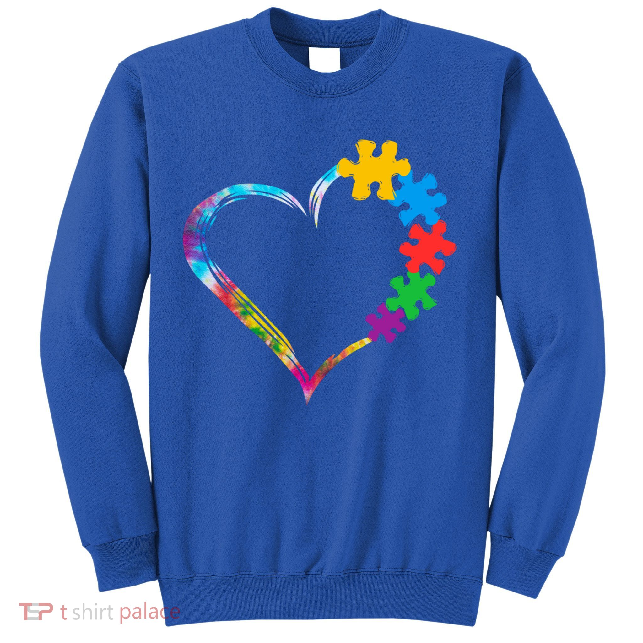 Love Heart Puzzle Pieces Tie Dye Autism Awareness Mom Dad Funny Gift Sweatshirt