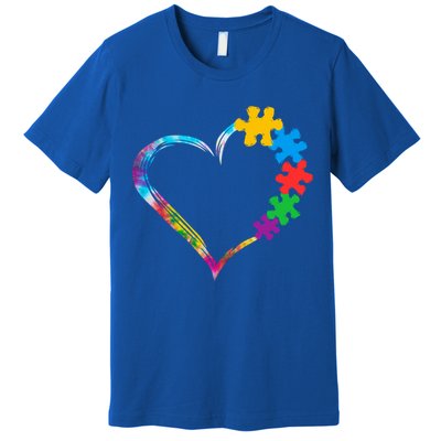 Love Heart Puzzle Pieces Tie Dye Autism Awareness Mom Dad Funny Gift Premium T-Shirt