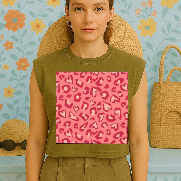 Leopard Heart Pattern Garment-Dyed Women's Muscle Tee