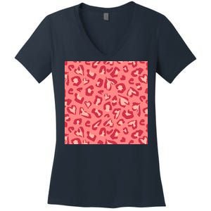 Leopard Heart Pattern Women's V-Neck T-Shirt