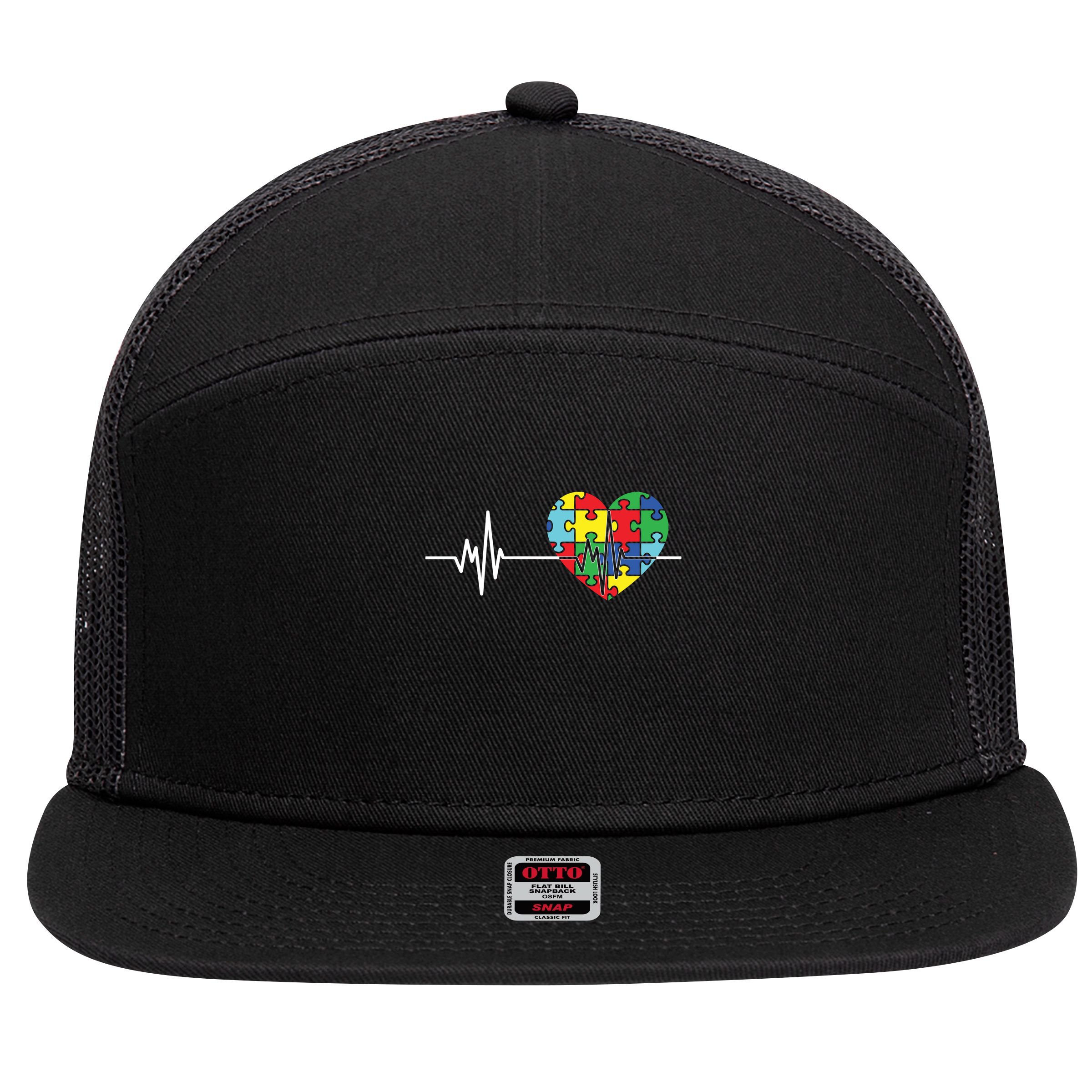 Love Heart Puzzle Acceptance Autism Awareness 7 Panel Mesh Trucker Snapback Hat