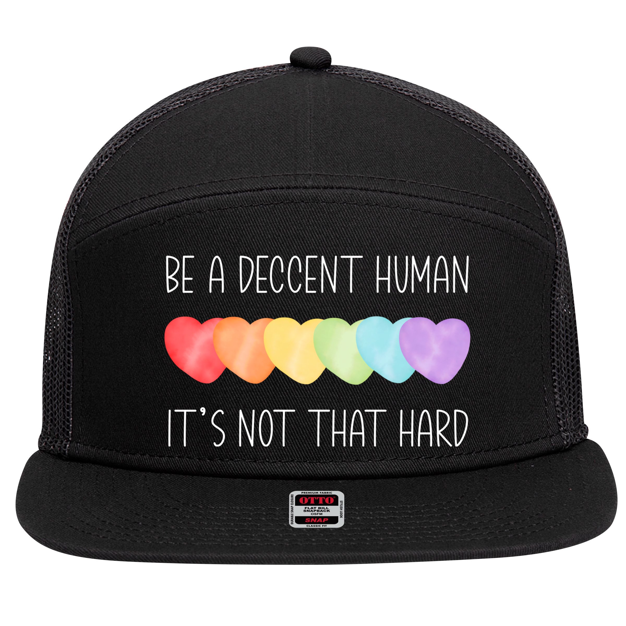 LGBT Heart Retro Be A Decent Human It's Not That Hard 7 Panel Mesh Trucker Snapback Hat