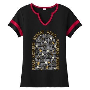 Librarian Halloween Read Return Repeat Goth Skeleton Library Gift Ladies Halftime Notch Neck Tee