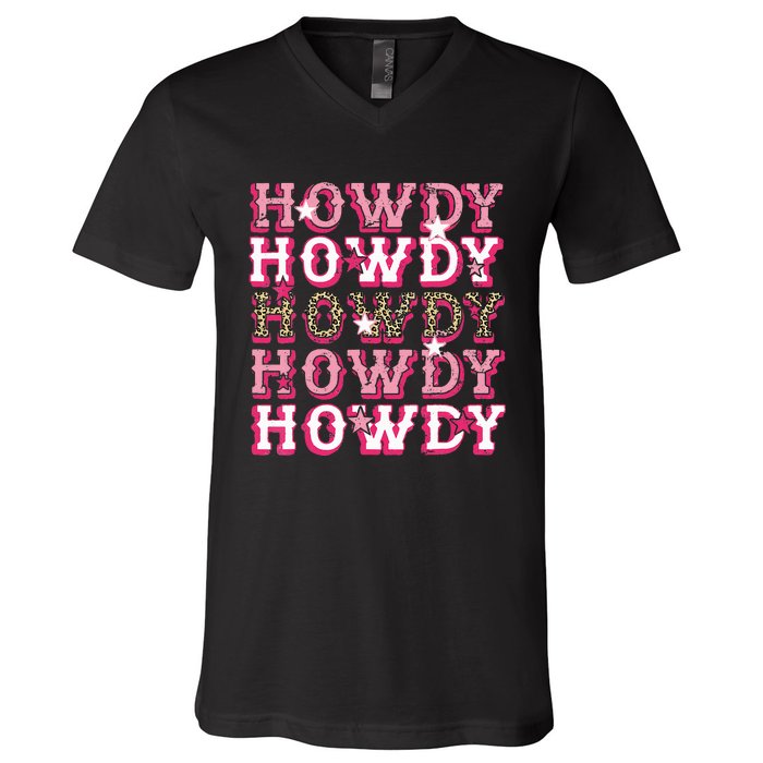 Leopard Howdy Rodeo Western Country Southern Cowgirl V-Neck T-Shirt