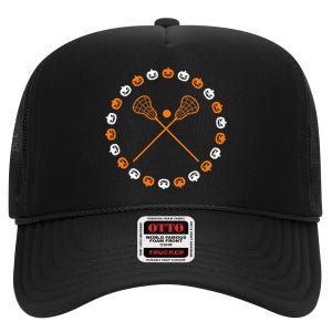 Lacrosse Halloween Spooky Pumpkins Sports Autumn Fall High Crown Mesh Back Trucker Hat