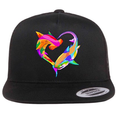Love Heart Shark Valentine's Day I Love Sharks Colorful Gift Flatbill Hat
