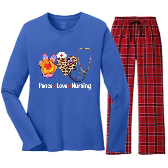 Leopard Heart Stethoscope Peace Love Nursing Cool Gift Women's Long Sleeve Flannel Pajama Set 