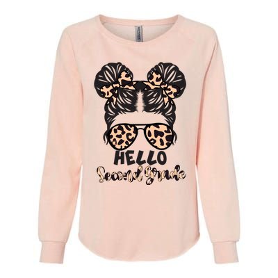 Leopard Hello Second Grade Messy Bun Hair Teacher And Gift Womens California Wash Sweatshirt