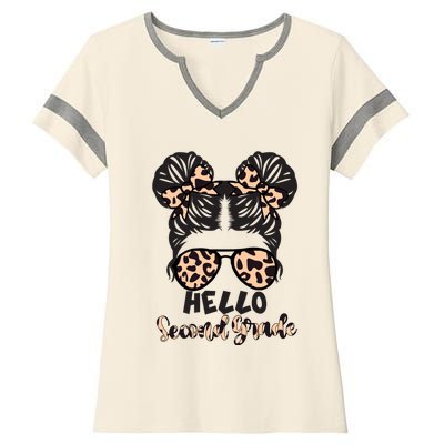 Leopard Hello Second Grade Messy Bun Hair Teacher And Gift Ladies Halftime Notch Neck Tee