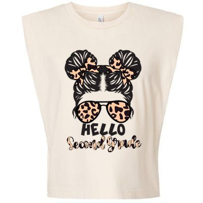 Leopard Hello Second Grade Messy Bun Hair Teacher And Gift Garment-Dyed Women's Muscle Tee