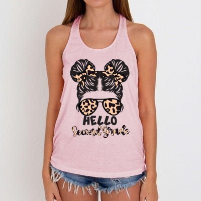 Leopard Hello Second Grade Messy Bun Hair Teacher And Gift Women's Knotted Racerback Tank