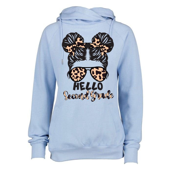 Leopard Hello Second Grade Messy Bun Hair Teacher And Gift Womens Funnel Neck Pullover Hood