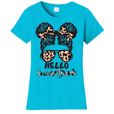 Leopard Hello Second Grade Messy Bun Hair Teacher And Gift Women's T-Shirt