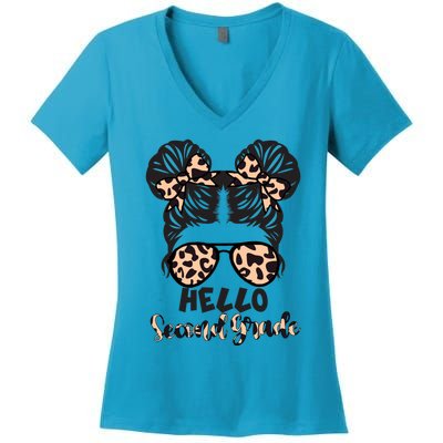 Leopard Hello Second Grade Messy Bun Hair Teacher And Gift Women's V-Neck T-Shirt