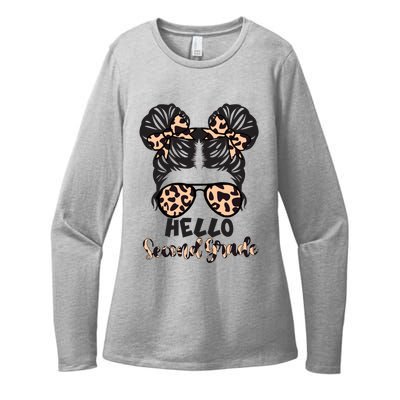 Leopard Hello Second Grade Messy Bun Hair Teacher And Gift Womens CVC Long Sleeve Shirt