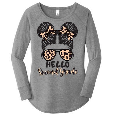 Leopard Hello Second Grade Messy Bun Hair Teacher And Gift Women's Perfect Tri Tunic Long Sleeve Shirt