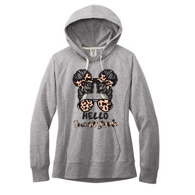 Leopard Hello Second Grade Messy Bun Hair Teacher And Gift Women's Fleece Hoodie