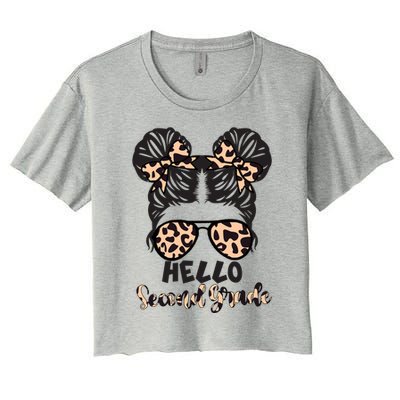 Leopard Hello Second Grade Messy Bun Hair Teacher And Gift Women's Crop Top Tee