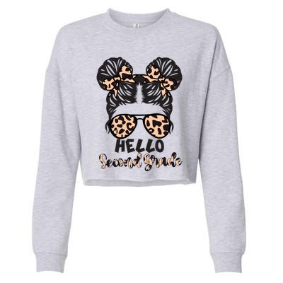 Leopard Hello Second Grade Messy Bun Hair Teacher And Gift Cropped Pullover Crew