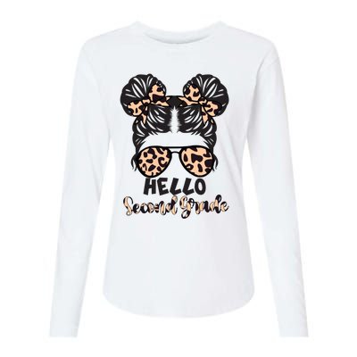 Leopard Hello Second Grade Messy Bun Hair Teacher And Gift Womens Cotton Relaxed Long Sleeve T-Shirt