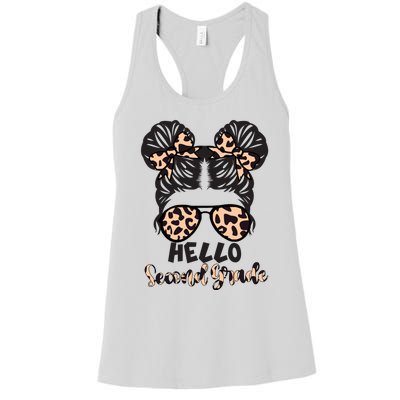 Leopard Hello Second Grade Messy Bun Hair Teacher And Gift Women's Racerback Tank