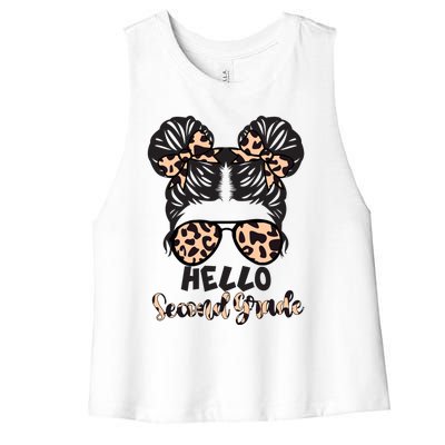 Leopard Hello Second Grade Messy Bun Hair Teacher And Gift Women's Racerback Cropped Tank