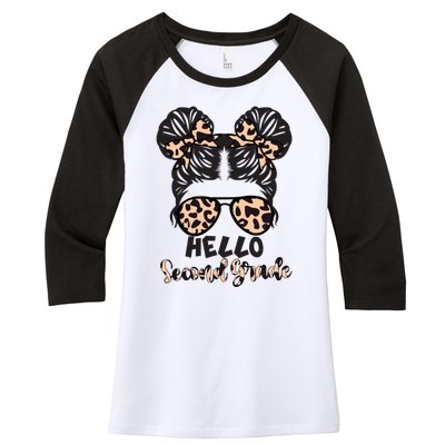 Leopard Hello Second Grade Messy Bun Hair Teacher And Gift Women's Tri-Blend 3/4-Sleeve Raglan Shirt