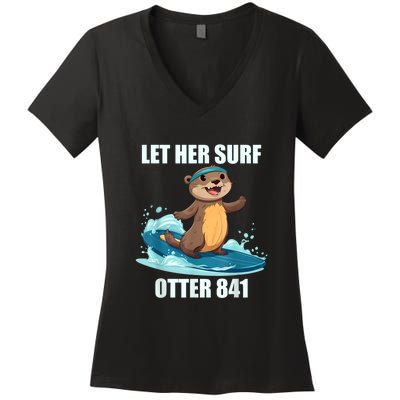 Let Her Surf Otter 841 Women's V-Neck T-Shirt