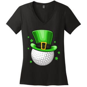 Leprechaun Hat Shamrock Leaf Golf St Patrick's Day Women's V-Neck T-Shirt