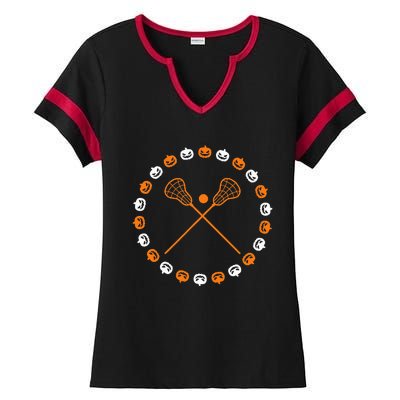 Lacrosse Halloween Spooky Pumpkins Sports Autumn Fall Ladies Halftime Notch Neck Tee