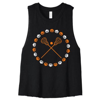 Lacrosse Halloween Spooky Pumpkins Sports Autumn Fall Women's Racerback Cropped Tank