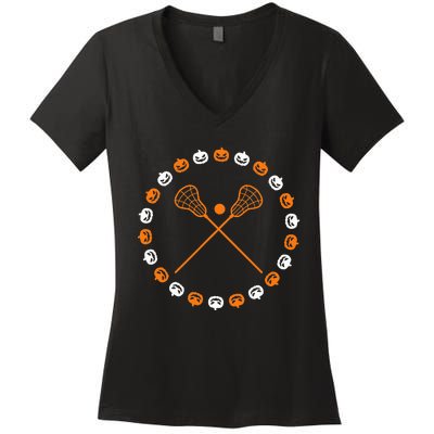 Lacrosse Halloween Spooky Pumpkins Sports Autumn Fall Women's V-Neck T-Shirt